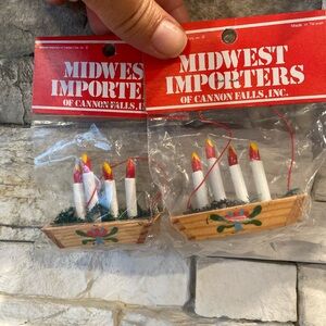 2 Christmas Ornaments Wood Candlesticks Folk Art Cottage Country Vintage NOS